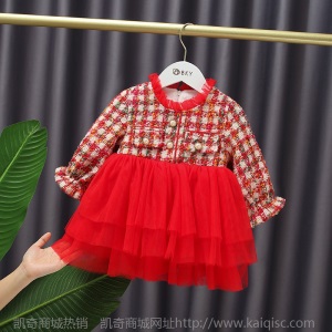 1004新年服女童红色喜庆过年服蓬蓬裙加厚中国风格子蛋糕网纱裙