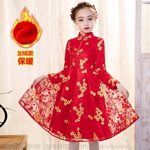 新年童装红色过年服冬季女童加绒加厚拜年服中国风儿童公主连衣裙