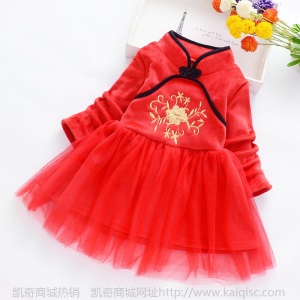 女童冬季网纱连衣裙2019女宝宝中国风保暖新年唐装加绒加厚汉服