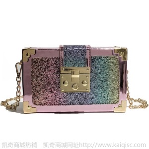 bags女包韩版彩虹亮片小箱包链条单肩斜挎包猪鼻子锁扣小方包