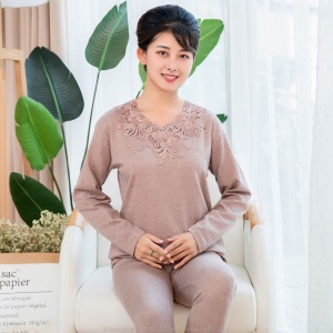 秋衣秋裤小V领中老年女士纯棉妈妈保暖内衣 加厚款老人棉毛衫套装