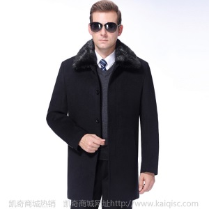 羊绒大衣中老年男装狐狸毛领中长款秋冬季爸爸装羊毛呢外套