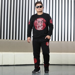 冬季新款大码男士 加绒圆领休闲卫衣套装加肥加大印花卫衣套装男