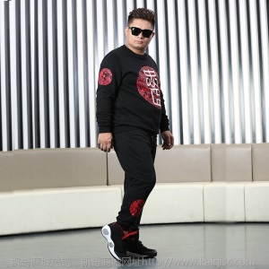冬季新款大码男士 加绒圆领休闲卫衣套装加肥加大印花卫衣套装男