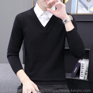 新款假两件毛衣时尚休闲男士衬衫领秋冬季纯棉衬衣带领打底针织衫