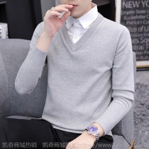 新款假两件毛衣时尚休闲男士衬衫领秋冬季纯棉衬衣带领打底针织衫