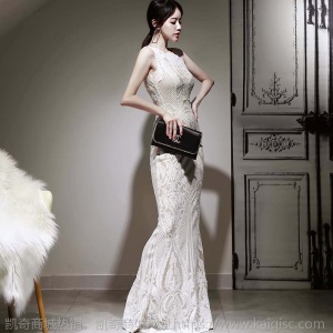 珠片无袖白色礼服长裙女2020春装气质修身包臀连衣裙宴会打底