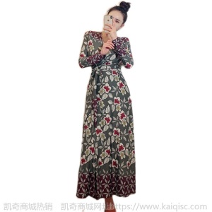 定位印花度假长裙女2021春装新款洋气质系带修身显瘦连衣裙小礼服