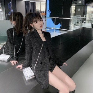 CHICYOU【zui爱si服之一】黑色亮丝闪闪编织纹丝绒扣气质西装外套