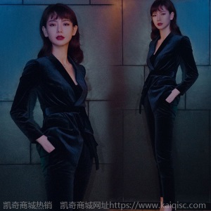 秋冬戚薇同款修身时尚系带韩版小西服两件套高端金丝绒西装套装女