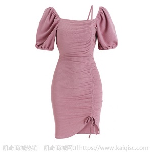 2021夏季新款露肩吊带宴会礼服女装性感侧褶皱抽绳修身显瘦连衣裙