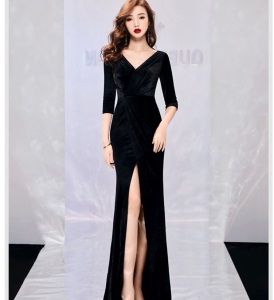 丝绒晚礼服女时尚露背开叉v领显瘦鱼尾宴会连衣长裙优雅修身