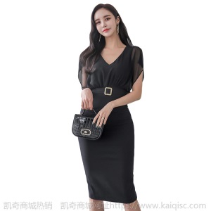 薄纱荷叶斗篷袖小礼服女职业装OL方扣高腰修身宴会洋气连衣裙显瘦