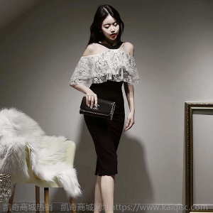 蕾丝拼接挂脖礼服女2021春夏装新款名媛范气质露肩修身包臀连衣裙