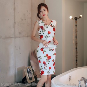 印花无袖礼服女2021春夏装新款OL气质修身包臀收腰显瘦连衣一步裙