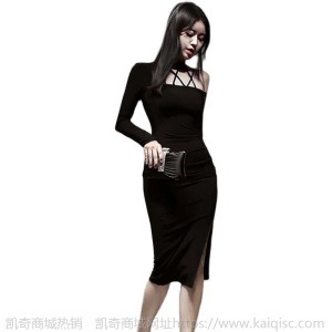 挂脖露肩夜店女装2020秋冬名媛范气质修身针织包臀开叉礼服连衣裙