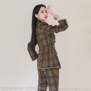 韩版秋冬新款时尚气质修身咖啡格子外套西装高腰西裤两件套
