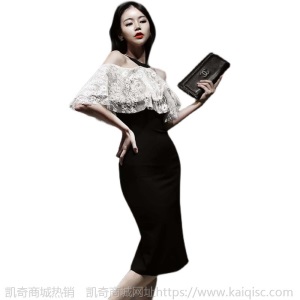 蕾丝拼接挂脖礼服女2021春夏装新款名媛范气质露肩修身包臀连衣裙