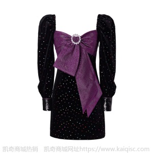 法式泡泡袖丝绒连衣裙秋名媛重工水钻蝴蝶结亮片露背礼服小黑裙