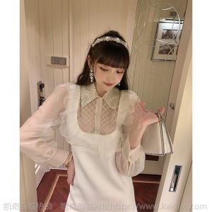 心蓝grace 秋装高端轻奢名媛重工钉珠亮片欧根纱泡泡袖白色连衣裙