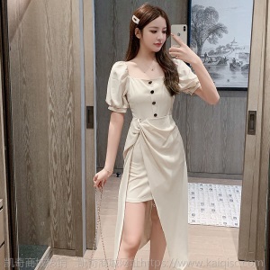 设计感不规则名媛女装2021夏季时尚洋气减龄气质开叉礼服式连衣裙