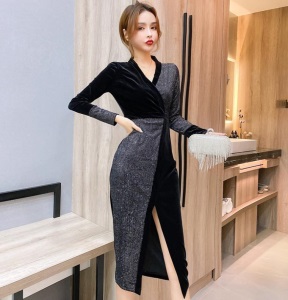 设计感拼色晚礼服气场女人味平时可穿质感显瘦宴会连衣裙开叉修身