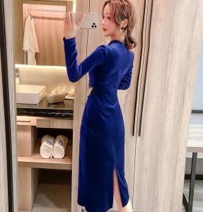 金丝绒腰封拼接流苏晚礼服2020秋冬新款个性修身显瘦宴会名媛女装