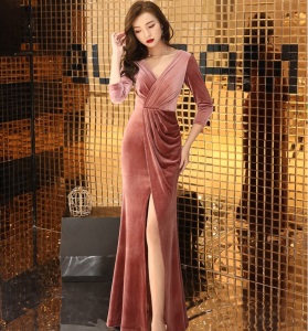丝绒晚礼服女时尚露背开叉v领显瘦鱼尾宴会连衣长裙优雅修身