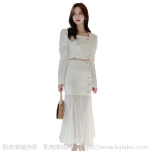 白色露腰礼服两件套2020秋冬女人味性感收腰气质纱网裙子宴会套装