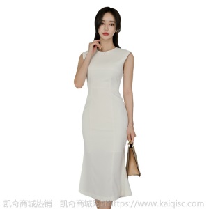 现货无袖职业女装2020夏季圆领修身中长款鱼尾包臀一步连衣裙凯奇