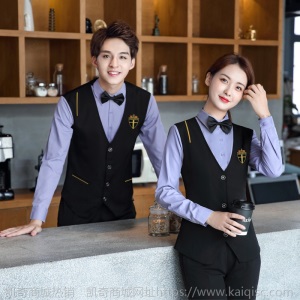 秋冬款假两件长袖衬衫工装酒店西餐厅服务员马甲工作服定制绣LOGO