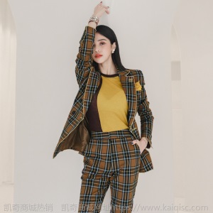 韩版秋冬新款时尚气质修身咖啡格子外套西装高腰西裤两件套