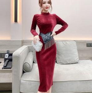 金丝绒腰封拼接流苏晚礼服2020秋冬新款个性修身显瘦宴会名媛女装