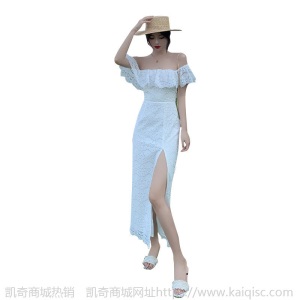 海边度假一字肩沙滩长裙露背高开叉蕾丝连衣裙旅拍宴会白色小礼服