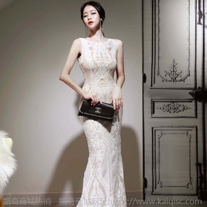珠片无袖白色礼服长裙女2020春装气质修身包臀连衣裙宴会打底