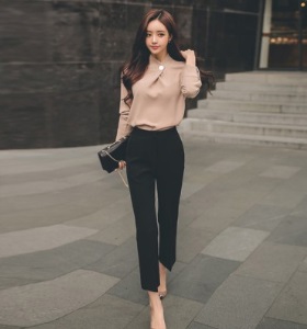 职业女装2021新款气质修身立领搭宽松雪纺衬衣西装女裤两件套装