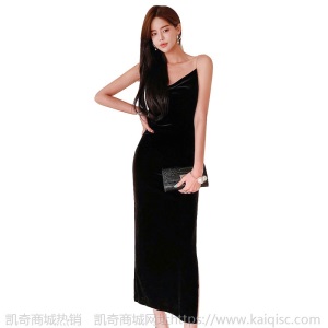丝绒吊带连衣裙2020秋冬新款侧开叉修身打底夜店礼服裙宴会装露肩