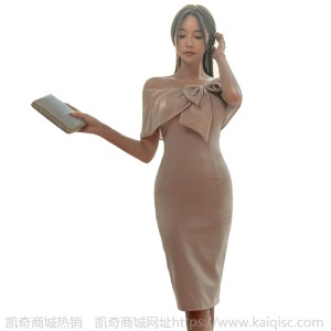 一字露肩背晚礼服女装显瘦紧身蝴蝶结高腰夜店包臀修身宴会连衣裙