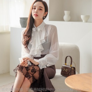 礼服套装女2021春秋气质荷叶边雪纺衬衫拼接蕾丝开叉包臀裙两件套