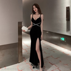吊带晚礼服女2021春夏装新款露肩背高开叉显瘦低胸丝绒夜总会长裙