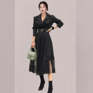 连衣裙新款女装韩版时尚气质淑女西装领网纱裙子女秋冬季长裙