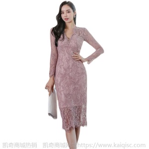 蕾丝职业一步裙女2021春装新款气质V领修身中长款包臀礼服连衣裙