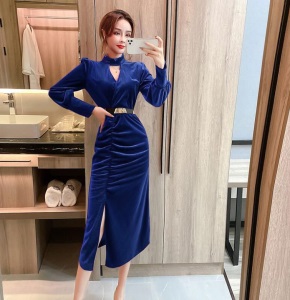 深v领丝绒低胸褶皱夜店性感连衣裙秋冬气质修身礼服裙女装显身材