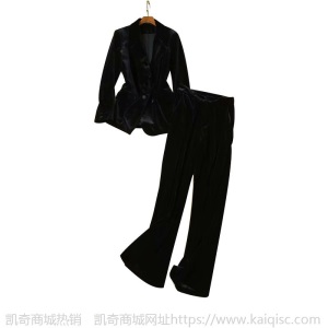 明星同款秋冬季蓝色丝绒职业套装高端女装两件套韩版西服长裤厂销