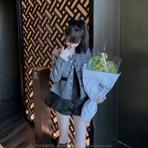 CHICYOU【精致大小姐】50%羊毛英伦格子亮片钻扣丝绒领富家女外套