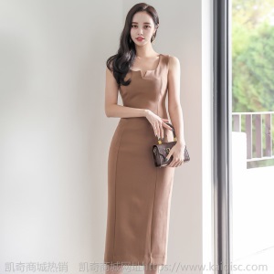无袖宴会礼服女2020秋冬新款优雅气质V领修身显瘦包臀连衣裙开叉