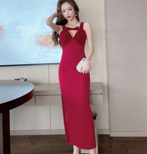 宴会礼服长裙女2021春装新款名媛气质优雅显瘦镂空露胸夜店连衣裙