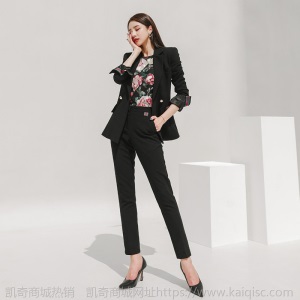 秋新款韩版时尚气质修身长袖织带边西服外套修身高腰西裤套装