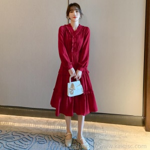 名媛风女装2021时尚春季新款本命年红色连衣裙收腰显瘦气质女神范