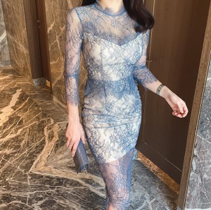 蕾丝纱网透视礼服女2020秋冬诱惑显瘦优雅打底性感夜店修身连衣裙